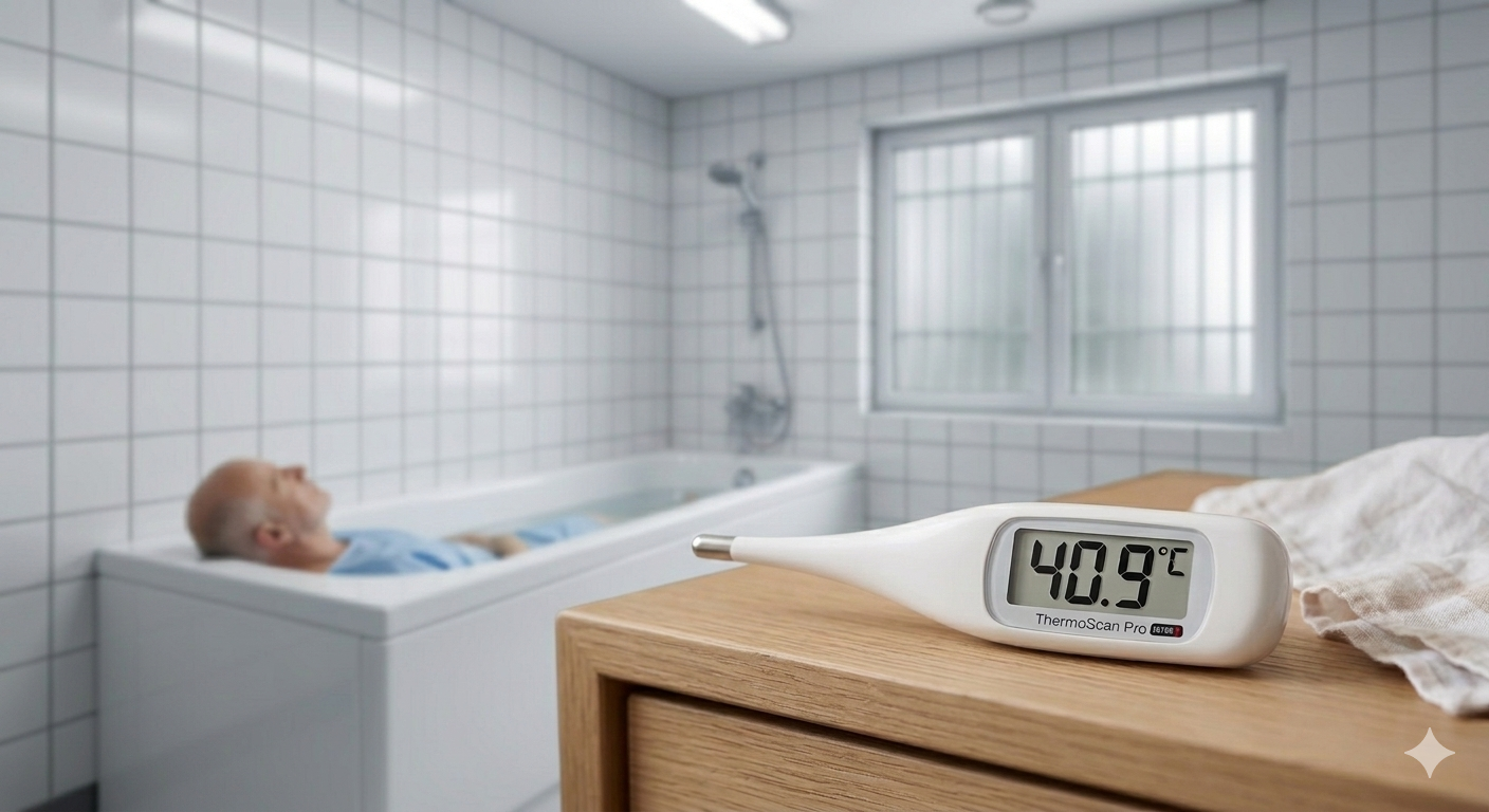 Patient dans une baignoire avec un thermomètre affichant 40,9 degrés